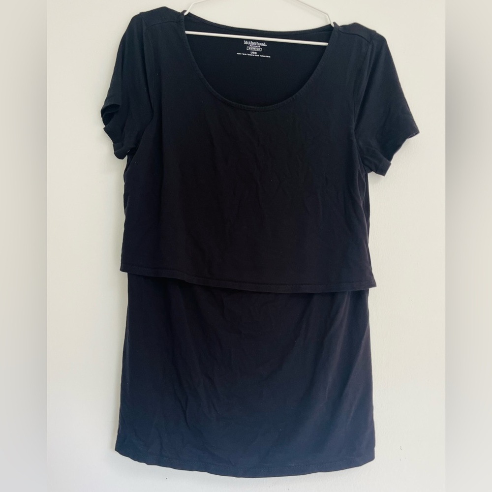 Motherhood Maternity Short SleeveLift Up Open Front Nursing Tee in Black, Large
